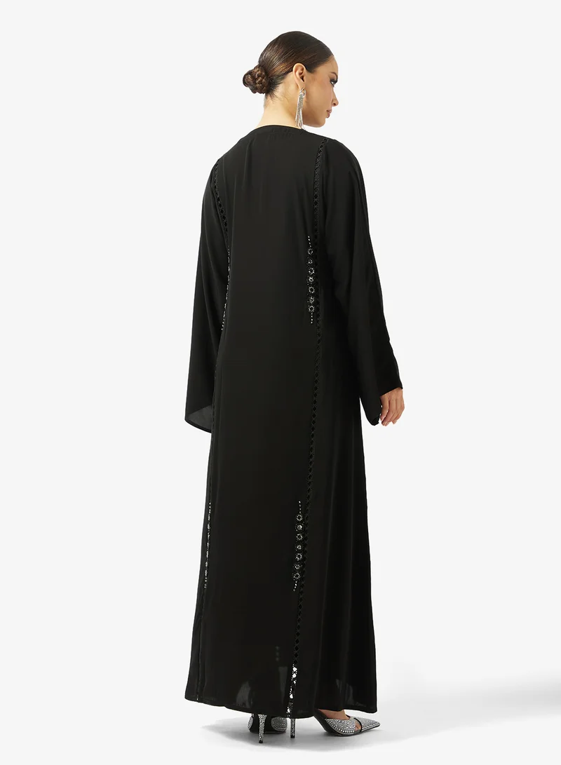 hayas closet Lace Embellished Detailed Open Front V Neck Abaya